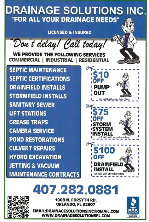 Drainage Solutions Inc. ad in blue and white lists septic, sewer, drainfield, and excavation services, discounts, phone number, and contact details.