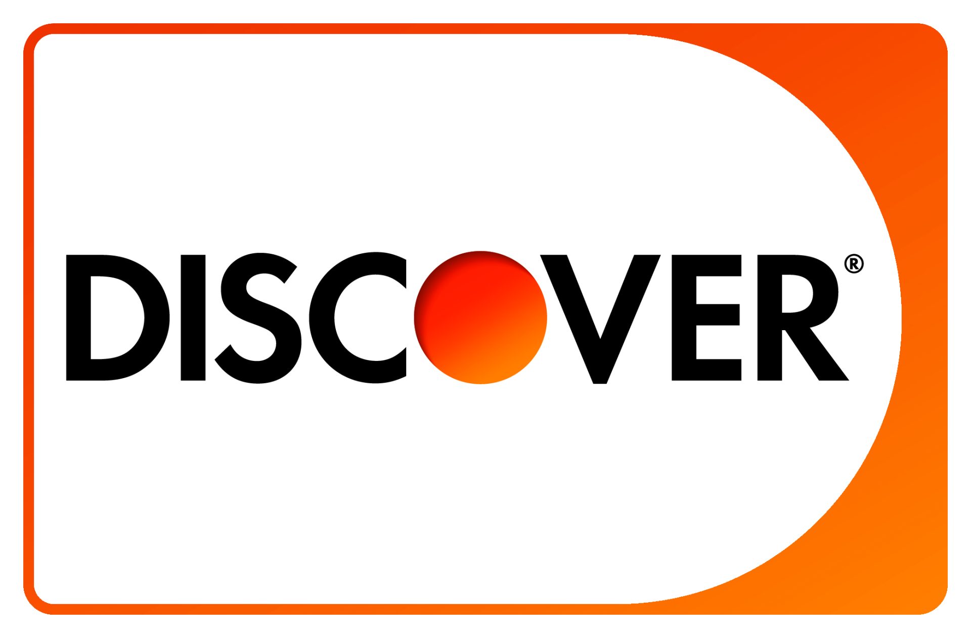 Discover credit card logo with bold black โDISCOVERโ text, an orange-red gradient circle, and white rounded rectangle with orange border.
