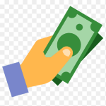 Illustration of a hand with a blue sleeve holding a green banknote, symbolizing money, payment, financial support, or cash exchange.